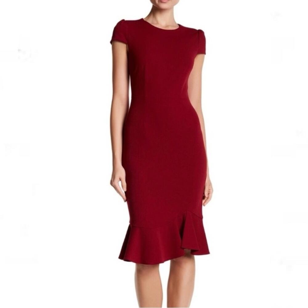 NWT Betsey Johnson Red Sheath Dress Size 12 Ruffle Hem Cap Sleeve V Back
